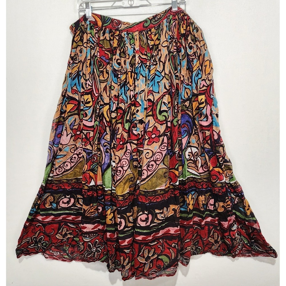 Bila Women's Vintage Floral Multicolor  100% Cotton Flowy Midi Skirt Size M